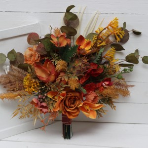 Wedding bouquets in mustard burnt orange colors. Bridal bouquet. Faux bouquet. Bridesmaid bouquet. 5164