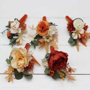  Wedding boutonnieres and wrist corsage  in rust cream color scheme. Flower accessories. 5178
