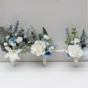  Wedding boutonnieres and wrist corsage  in sky blue white color scheme. Flower accessories. 5182