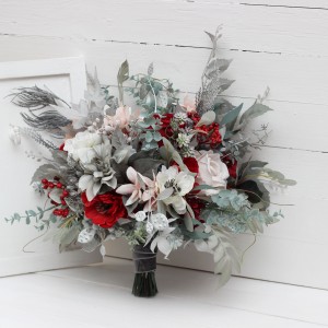 Wedding bouquets in red blush pink white silver gray colors. Bridal bouquet. Faux bouquet. Bridesmaid bouquet. Winter wedding. 5183 Wedding bouquets in red blush pink white silver gray colors. Bridal bouquet. Faux bouquet. Bridesmaid bouquet. Winter wedding. 5183