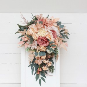 Cascasding bouquet. Boho bouquet. Dusty rose peach ivory bridal bouquet. Faux bouquet. Fall wedding. Silk flowers. Boho wedding. 5184