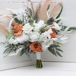 Boho pampas grass bouquet. White terracotta flowers. Bridal bouquet. Faux bouquet. Wedding flowers. Boho wedding bouquet. White roses bouquet. 5186