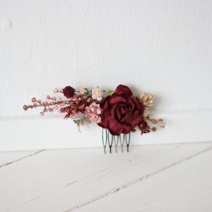 Flower comb in burgundy blush pink color scheme. Wedding accessories for hair. Bridal flower comb. Bridesmaid floral comb. 5192-8001