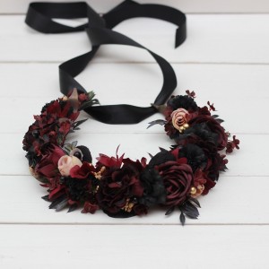 Burgundy beige black gold flower crown. Hair wreath. Flower girl crown. Halloween wedding. 0018