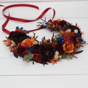 Rust orange burgundy blue flower crown. Hair wreath. Flower girl crown. Wedding flowers. 0043