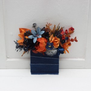 Pocket boutonniere in navy blue rust color scheme. Flower accessories. Square flowers. 5219