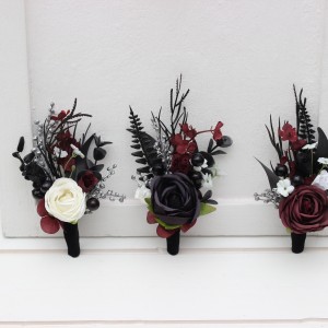  Wedding boutonnieres and wrist corsage  in black white silver burgundy color scheme. Flower accessories. 5108