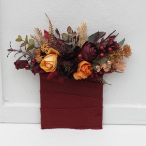 Pocket boutonniere in burgundy burnt orange rust peach color scheme. Flower accessories. 0502