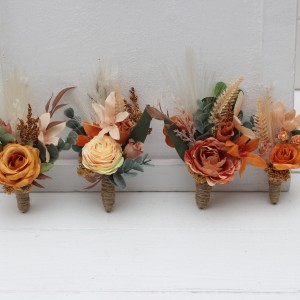  Wedding boutonnieres and wrist corsage  in cinnamon rust orange color scheme. Flower accessories. 5146