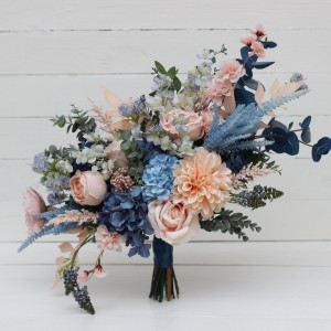 Dusty blue blush pink peach dahlia bridal bouquet. Wedding bouquet.  Faux bouquet. Bridesmaid bouquet. 5207