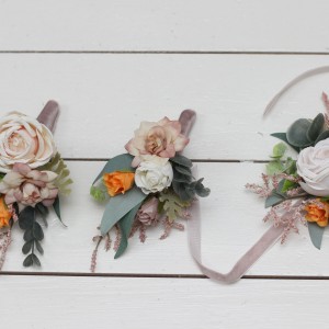  Wedding boutonnieres and wrist corsage  in rust ivory sage green color scheme. Flower accessories. 5210