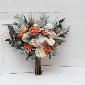 Wedding bouquets in rust ivory sage green  colors. Bridal bouquet. Cascading bouquet. Faux bouquet. Bridesmaid bouquet. 5210
