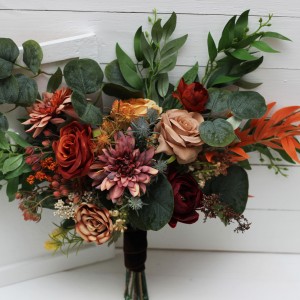 Wedding bouquets in rust terracotta burgundy colors. Bridal bouquet. Faux bouquet. Bridesmaid bouquet. 5212