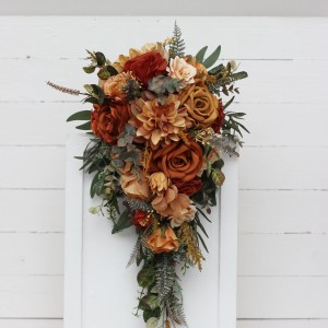 Wedding bouquets in rust orange gold colors.  Dahlia rose bridal bouquet. Cascading bouquet. Faux bouquet. Bridesmaid bouquet. 5213