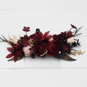 Flower comb in burgundy black gold beige color scheme. Wedding accessories for hair. Bridal flower comb. Bridesmaid floral comb. Halloween wedding. 0018