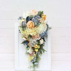 Spring summer wedding. Cascading bouquet. Peach yellow dusty blue flowers. Faux bouquet. Bridal bouquet. Silk flowers. Boho wedding. 5218