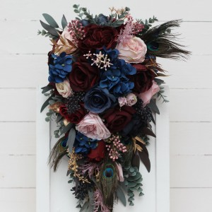 Wedding bouquets in burgundy navy blue gold pink colors. Bridal bouquet. Peacock feathers  bouquet. Cascading bouquet. Faux bouquet. Bridesmaid bouquet. 5221