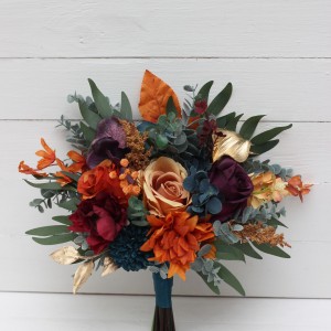 Wedding bouquets in teal rust gold plum mustard colors. Bridal bouquet. Cascading bouquet. Faux bouquet. Bridesmaid bouquet. Jewel tone theme wedding.   5222