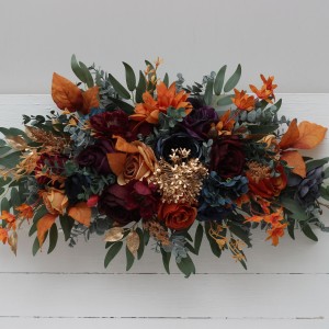  Flower arch arrangement in teal rust gold plum mustard colors.  Arbor flowers. Floral archway. Faux flowers for wedding arch. Jewel tone wedding. 5222