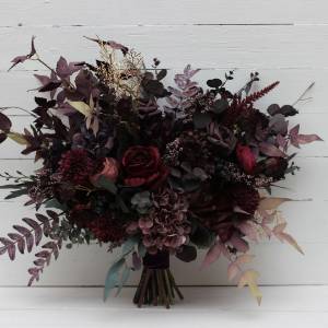 Wedding bouquets  in deep purple and burgundy colors. Bridal bouquet. Cascading bouquet. Faux bouquet. Bridesmaid bouquet. 5223