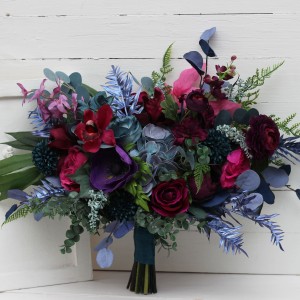 Wedding bouquets in teal, magenta, blue and purple  colors. Bridal bouquet. Cascading bouquet. Faux bouquet. Bridesmaid bouquet. Jewel-tone wedding. 5225