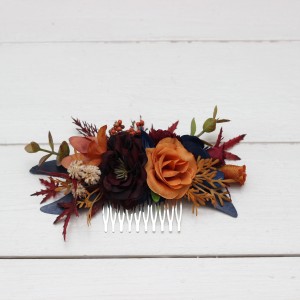 Flower comb in rust orange burgundy navy blue color scheme. Wedding accessories for hair. Bridal flower comb. Bridesmaid floral comb. 0043