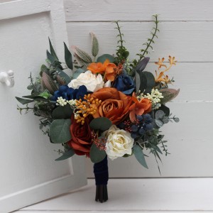 Bridesmaid bouquet. Small bridal bouquet. Burnt orange ivory navy blue bouquet. Fall wedding. Silk flowers. Boho wedding. Faux bouquet. 5029 Bridesmaid bouquet. Small bridal bouquet. Burnt orange ivory navy blue bouquet. Fall wedding. Silk flowers. Boho wedding. Faux bouquet. 5029