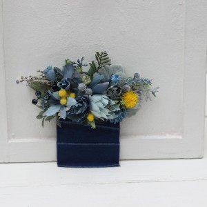 Pocket boutonniere in dusty blue and yellow color scheme. Flower accessories. Pocket flowers. Square flowers. 5234