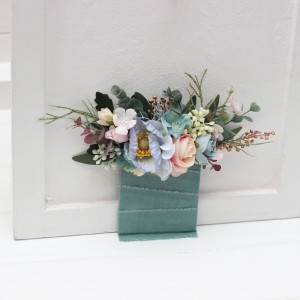 Pocket boutonniere in dusty blue blush pink yellow color scheme. Wildflowers boutonniere. Flower accessories. Pocket flowers. Square flowers. 5259