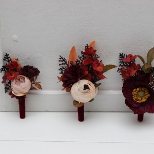  Wedding boutonnieres and wrist corsage  in plum purple orange rust beige color scheme. Flower accessories. 5260