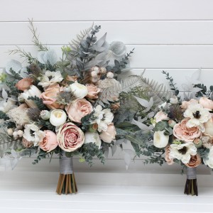 Wedding bouquets in beige white gray blush pink colors. Bridal bouquet. Cascading bouquet. Faux bouquet. Bridesmaid bouquet. 5261