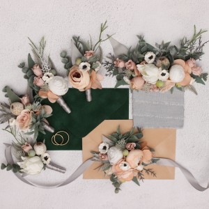  Wedding boutonnieres and wrist corsage  in beige white gray blush pink color scheme. Flower accessories. 5261