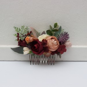 Flower comb in burgundy ivory dusty rose cinnamon color scheme. Wedding accessories for hair. Bridal flower comb. Bridesmaid floral comb. 5144