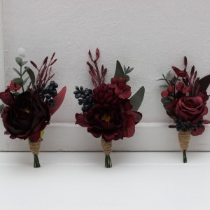  Wedding boutonnieres and wrist corsage  in deep burgundy color scheme. Flower accessories. 5230