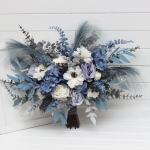 Wedding bouquets in dusty blue white ivory gray colors. Bridal bouquet. Cascading bouquet. Faux bouquet. Bridesmaid bouquet. 5263
