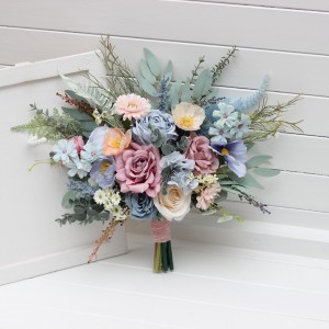 Small wedding bouquet in dusty blue, dusty pink and peach colors. Bridal bouquet. Faux bouquet. Bridesmaid bouquet. 5264