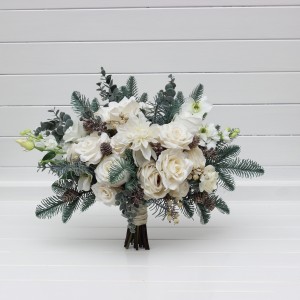 Winter wedding bouquets with pine branches  in white colors. Bridal bouquet. Faux bouquet. Bridesmaid bouquet. 5265