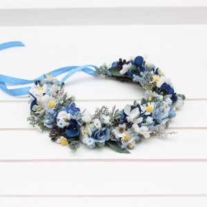 Dusty blue wedding. Navy blue white floral crown. Flower girl. Wildflowers crown. Bridal flower crown. Daisies hair wreath. 5267