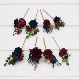  Set of 8 bobby pins in burgundy  navy blue and gold  color scheme. Hair accessories. Flower accessories for wedding.  0031
