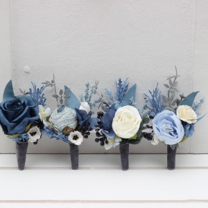  Wedding boutonnieres and wrist corsage  in dusty blue white ivory gray color scheme. Flower accessories. 5263
