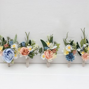  Wedding boutonnieres and wrist corsage  in ivory yellow peach dusty blue color scheme. Flower accessories. 5247