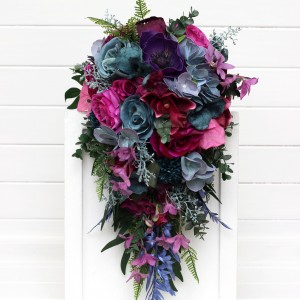 Wedding bouquets in teal, magenta, blue and purple  colors. Bridal bouquet. Cascading bouquet. Faux bouquet. Bridesmaid bouquet. Jewel-tone wedding. 5225-c