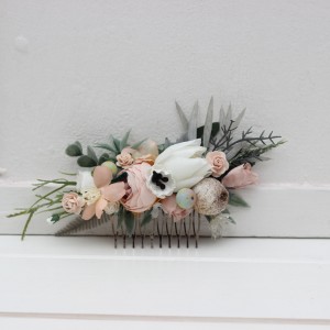 Flower comb in beige white gray blush pink color scheme. Wedding accessories for hair. Bridal flower comb. Bridesmaid floral comb. 5261