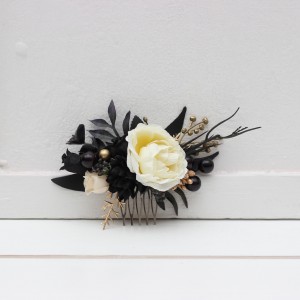 Flower comb in ivory black gold color scheme. Wedding accessories for hair. Bridal flower comb. Bridesmaid floral comb. 5119