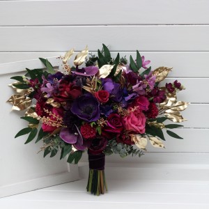 Bouquets in purple magenta gold color theme. Bridal bouquet. Faux bouquet. Bridesmaid bouquet. 5273