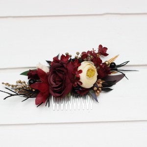 Flower comb in burgundy black gold ivory color scheme. Wedding accessories for hair. Bridal flower comb. Bridesmaid floral comb. 0032