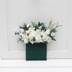 Pocket boutonniere in white sage green and dark green color scheme. Flower accessories. Pocket flowers. Square flowers. 5087