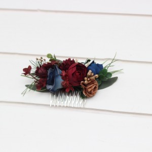 Flower comb in burgundy navy blue gold  color scheme. Wedding accessories for hair. Bridal flower comb. Bridesmaid floral comb. 0031