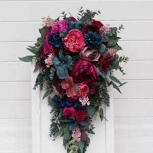 Cascading bouquet. Jewel-tone wedding. Emerald green purple magenta teal flowers. Wedding flowers .Bridal bouquet.  Faux bouquet. Bridesmaid bouquet. 5055