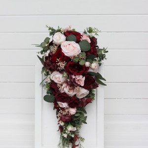 Wedding bouquets in burgundy and blush pink colors. Bridal bouquet. Cascading bouquet. Faux bouquet. Bridesmaid bouquet. 5246